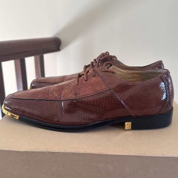 Expressions, shiny patent reptile crocodile croc, print brown dress shoes 10 1/2 - Picture 5 of 12